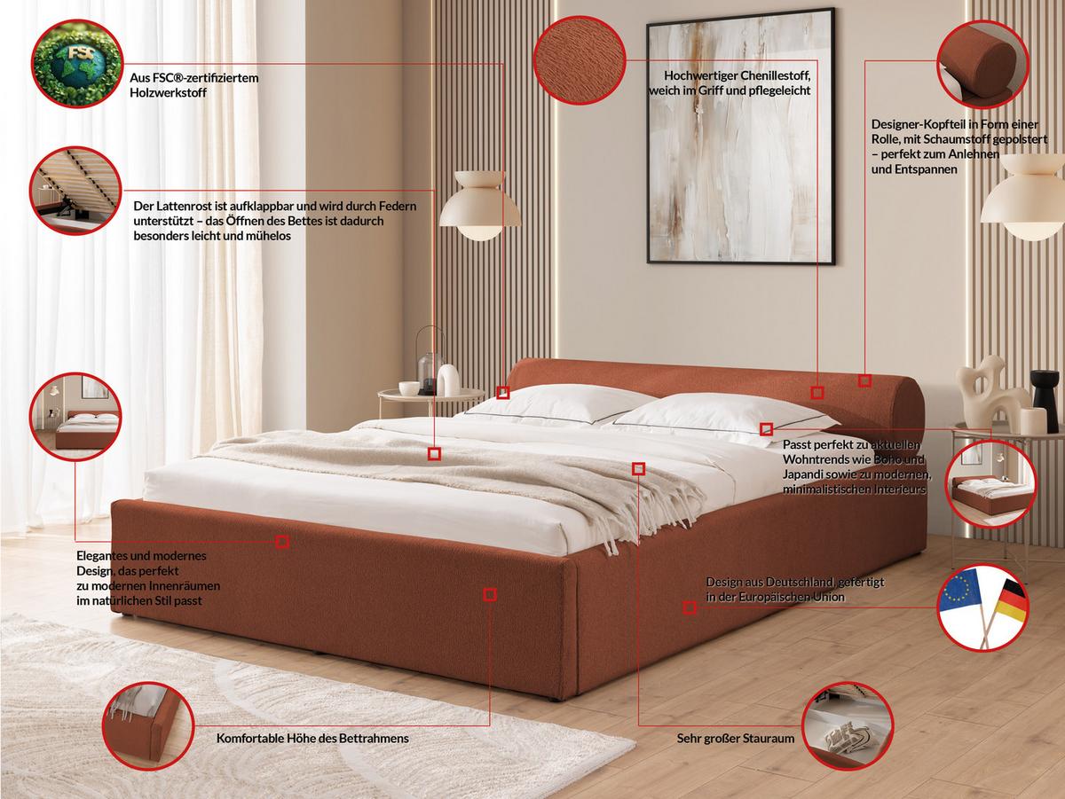 POLSTERBETT 200/200 cm Josy im Designer-Look mit Bettkasten und Lattenrost aus Terrakotta Chenille-Stoff - Terracotta/Schwarz, Holz/Kunststoff (200/200cm) - S-Style Möbel