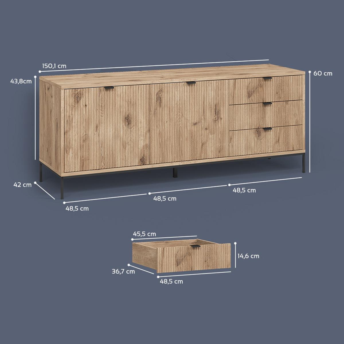LOWBOARD Aterno Viking Oak 150 x 60 cm mit 3 Schubladen, 2 Türen - Eichefarben, Holzwerkstoff (150/60/42cm) - Livinity®