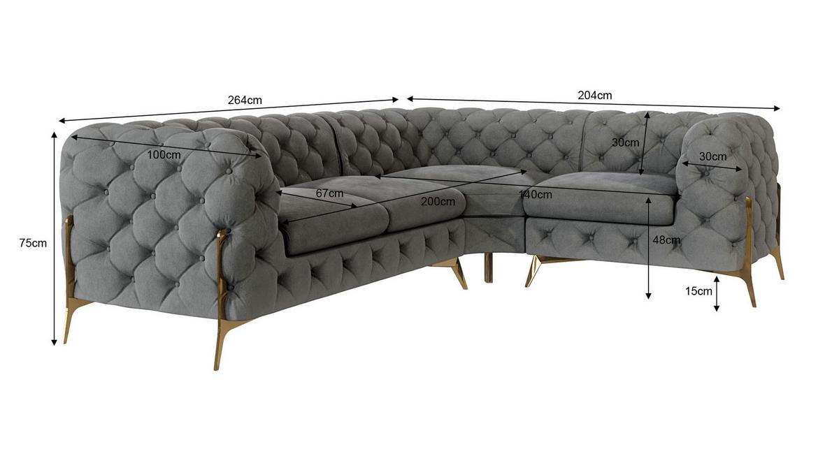 ECKSOFA Chesterfield Lexi Grau Samt, Ottomane rechts - Goldfarben/Grau, Holz/Textil (264/204cm) - S-Style Möbel
