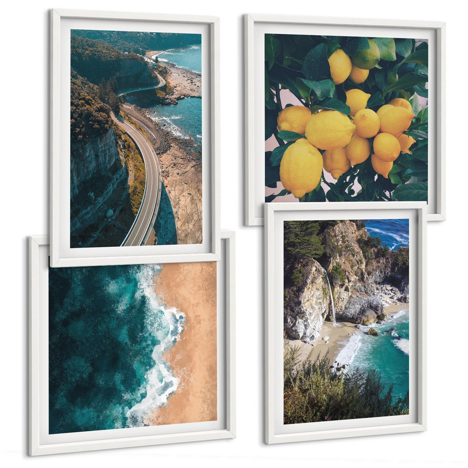BILDER SET 4er Set - 50x50 cm & 40x60 cm Weißer Rahmen - Meerstrand Zitronen Berge - Weiß, Kunststoff (50/50cm) - TULUP