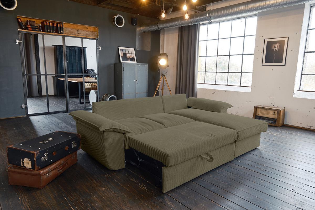 ECKSOFA DAMETO Grün Cord Mit Schlaffunktion - Schwarz/Olivgrün, Kunststoff/Textil (266/174cm) - KAWOLA