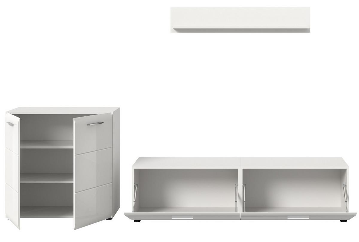 WOHNWAND weiß Hochglanz 3-teilig 255 cm, Schrankwand modernes Design - Weiß Hochglanz/Silberfarben, Glas/Holzwerkstoff (255/160/41cm) - Inn.Furn