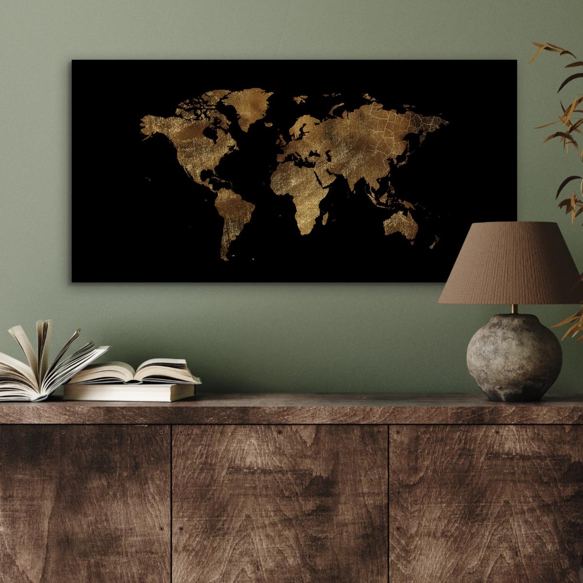 METALLBILD Weltkarte - Gold - Luxus - Erde - Schwarz 80x40 cm - Goldfarben, Metall (80/40cm) - MuchoWow