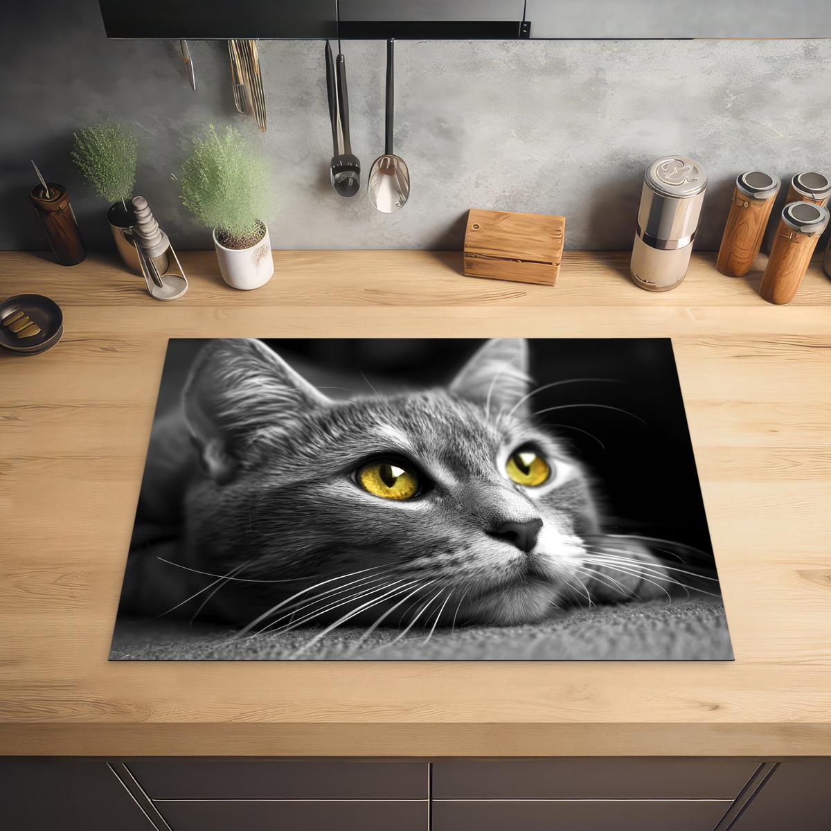 HERDABDECKPLATTE Katze - Grau - Tiere - Katze Herdabdeckung Induktionsfeld 70x52 cm - Grau, Kunststoff (70/52/0.2cm) - MuchoWow