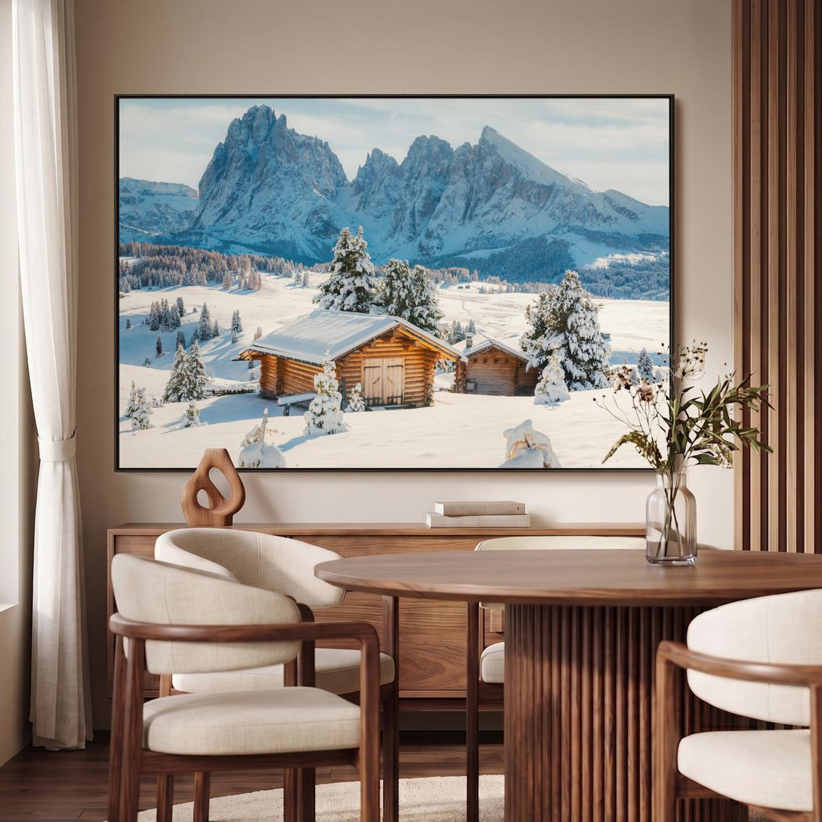 LEINWAND Bilder mit Rahmen - Winter - Hütte - Berge - Aussicht - Schnee - 120x80 - Eichefarben, Textil (120/80cm) - MuchoWow