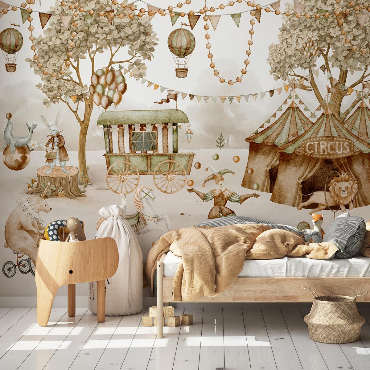 FOTOTAPETE für Kinderzimmer Zirkus Zelt Tiere Ballons Aquarell Bäumes 400x280 - Ecru/Beige, Papier (400/280cm) - Muralo