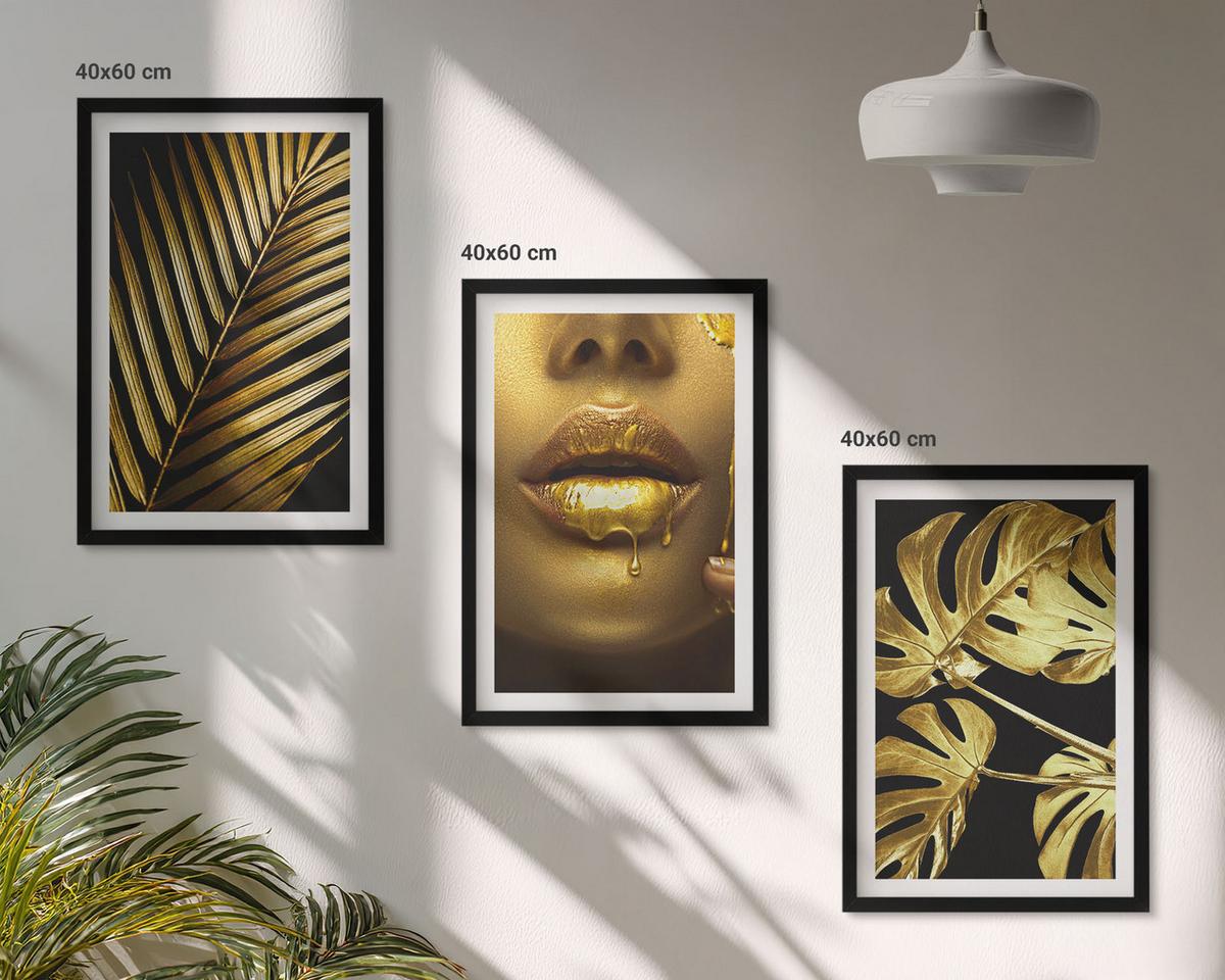 BILDER SET 3er Set - 40x60 cm Schwarzer Rahmen - Mund einer Frau mit Monstera-Palme - Schwarz, Kunststoff (40/60cm) - TULUP