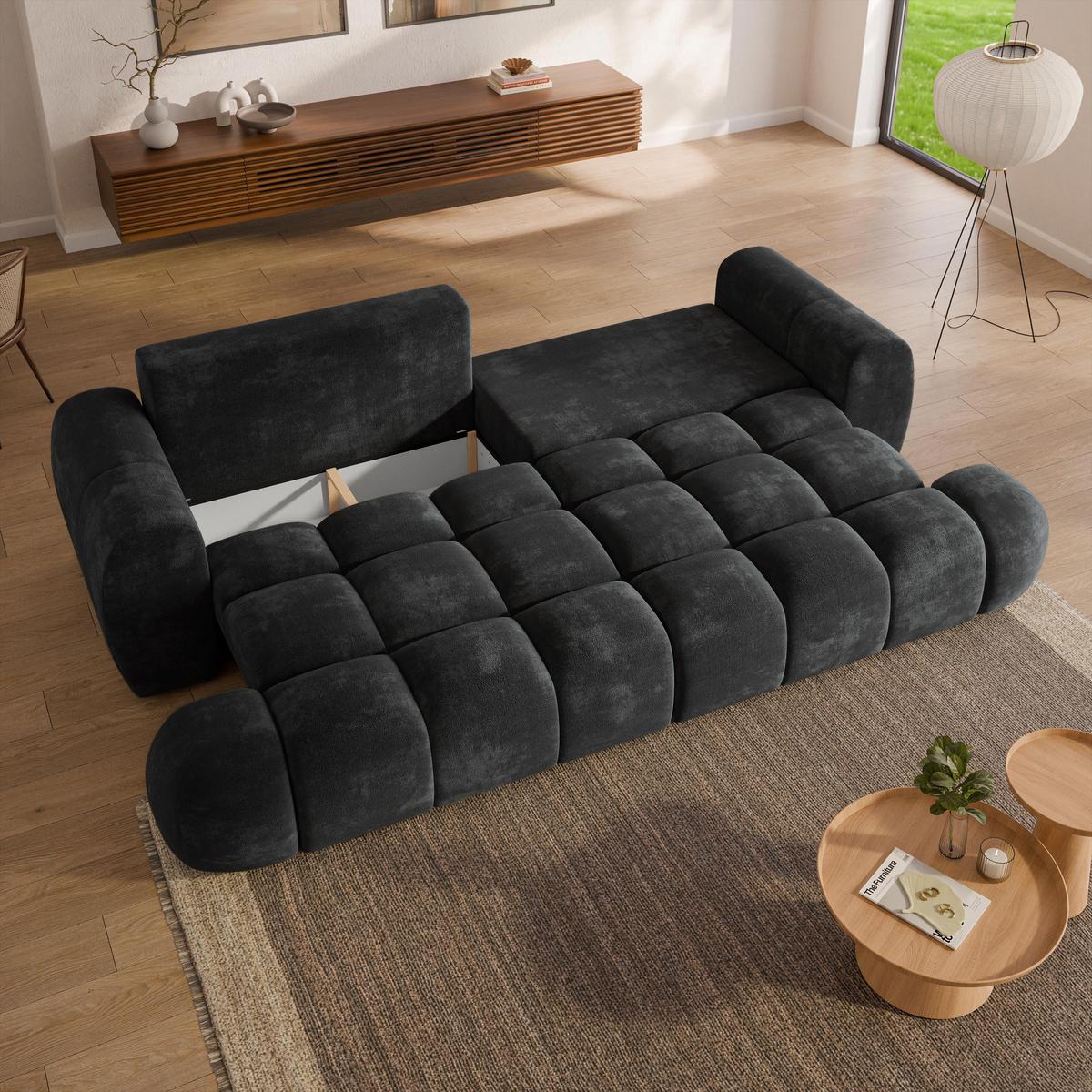 BETTSOFA DAFNE Schwarz Chenille-Stoff mit Schlaffunktion - Schwarz, Textil (300/88/113cm) - MASSENO