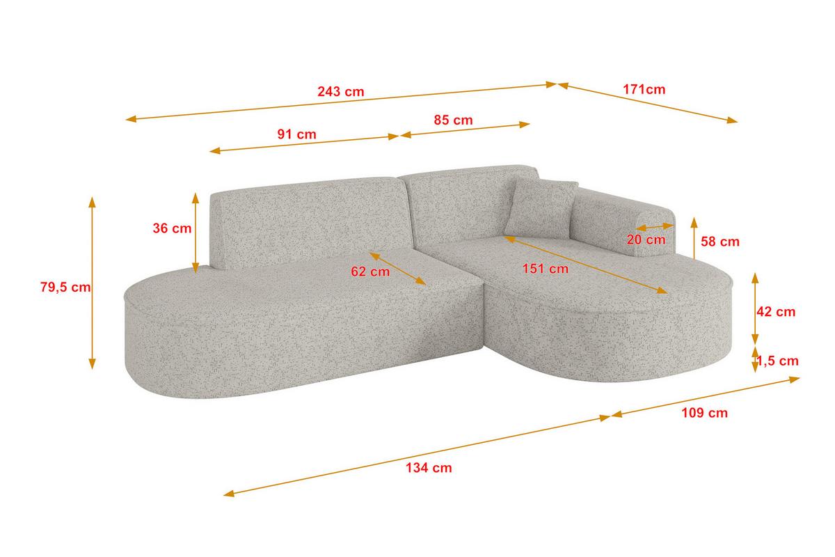 ECKSOFA Ottomane Rechts MARI-L1 - 243x171x79 cm Hellgrau Tissu - Hellgrau/Schwarz, Holzwerkstoff/Kunststoff (171/243cm) - ALTDECOR