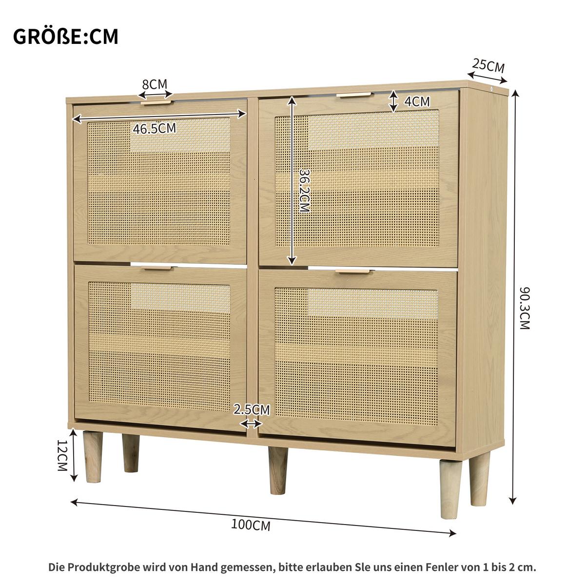 SCHUHSCHRANK mit Rattan-Front & 4 Klappen in Eiche-Optik - Sonoma Eiche, Holzwerkstoff (100/90/25cm) - Urban Meuble