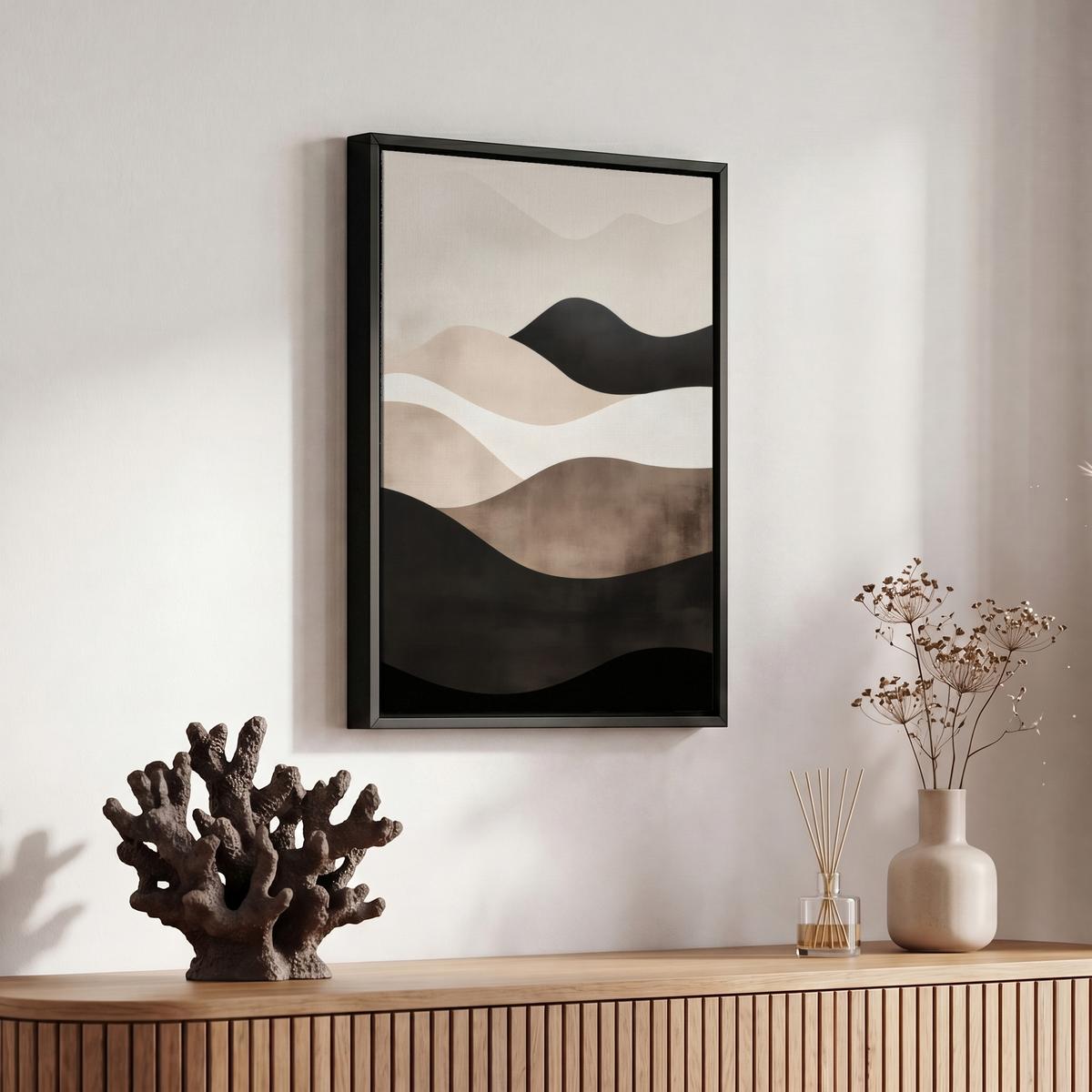 LEINWAND Bilder mit Rahmen - Abstrakt - Landschaft - Wellen - Cremefarben - 20x30 - Cappuccino, Textil (20/30cm) - MuchoWow