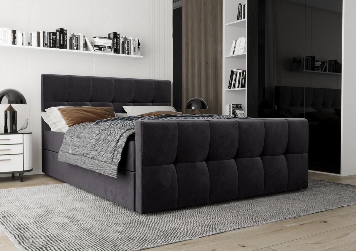 BOXBETT Settlio 140/200 cm in Grau – mit Bettkasten + TOPPER - Schwarz/Grau, Holz/Holzwerkstoff (140/200cm) - AX Living