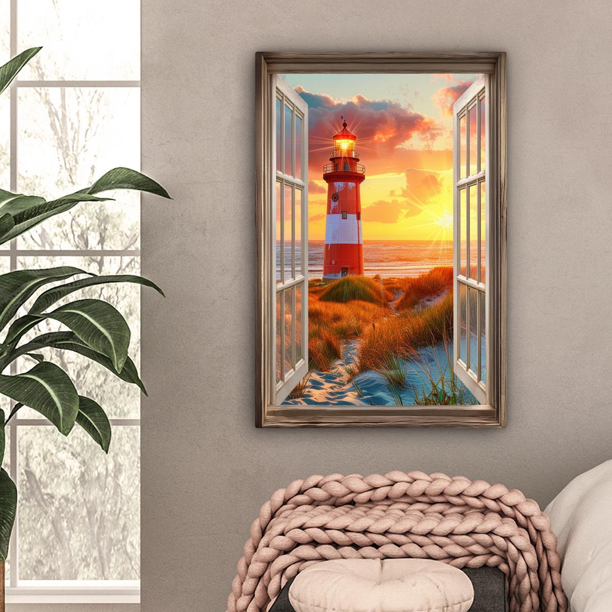 LEINWANDBILD Aussicht - Fenster - Leuchtturm - Sonnenuntergang - Strand Wanddeko 40x60 cm - Dunkelorange, Textil (40/60cm) - MuchoWow