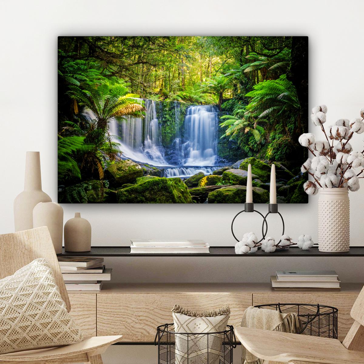 LEINWANDBILD Dschungel - Wasserfall - Australien - Pflanzen - Natur Gemälde 60x40 cm - Dunkelgrün, Textil (60/40cm) - MuchoWow