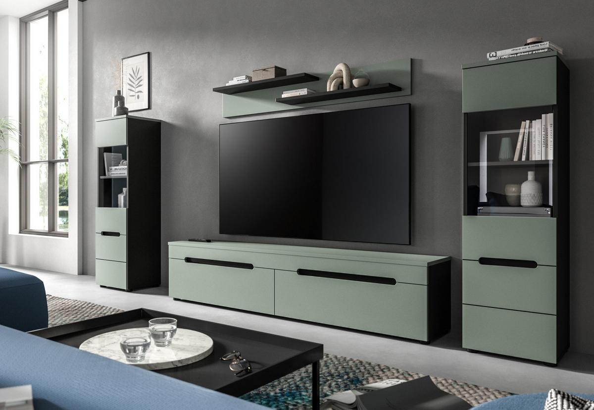 WOHNWAND Salbei Grün und Grau, Schrankwand 270 cm hängend oder stehend, Soft-Close - Salbeigrün/Schwarz, Glas/Holzwerkstoff (272/141/33cm) - Inn.Furn