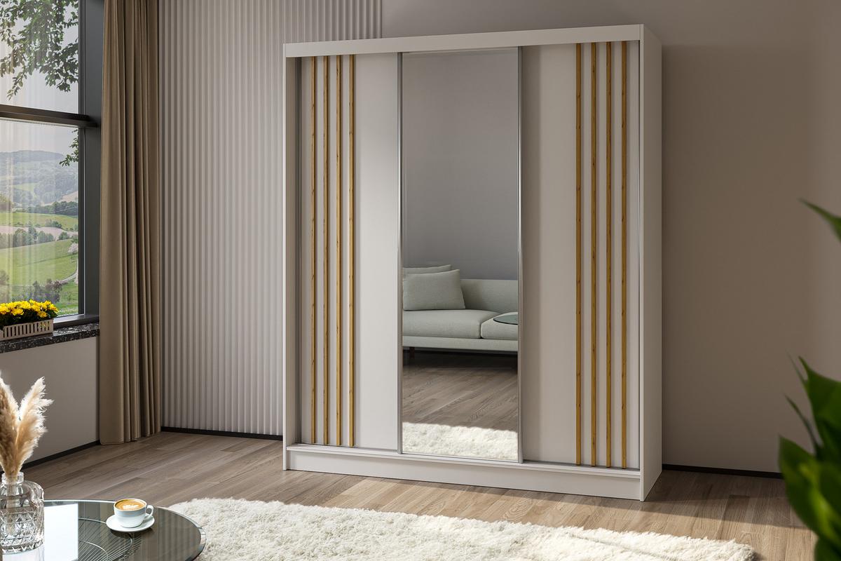 KLEIDERSCHRANK mit Spiegel-Schiebetüren und Aluminium-Leisten, LED-Beleuchtung - NALLA - 180 cm Weiß+Weiß+Artisan - Weiß/Eiche Artisan, Holzwerkstoff (180/216/61cm) - ALTDECOR