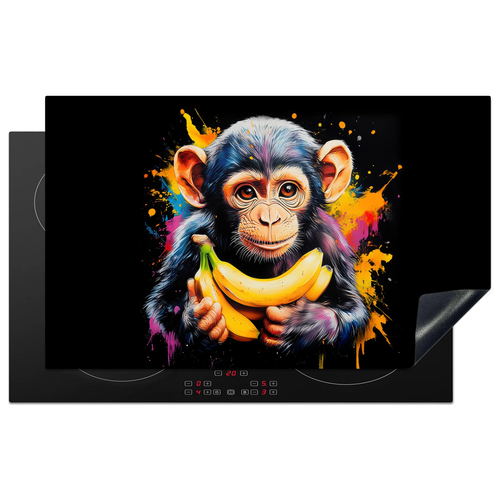 HERDABDECKPLATTE Affe - Graffiti - Farbenfroh - Bananen - Modern Ceranfeldabdeckung 85x52 cm - Gelb, Kunststoff (85/52/0.2cm) - MuchoWow