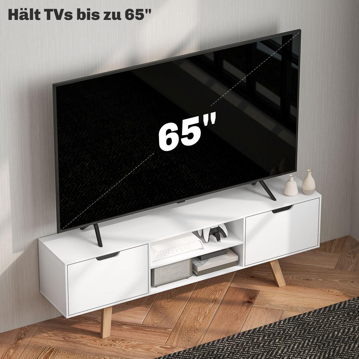 TV-SCHRANK, Fernsehtisch für Fernseher bis zu 65 Zoll, Lowboard mit 2 Schränken - Weiß/Naturfarben, Holz/Holzwerkstoff (39/50/150cm) - HOMCOM