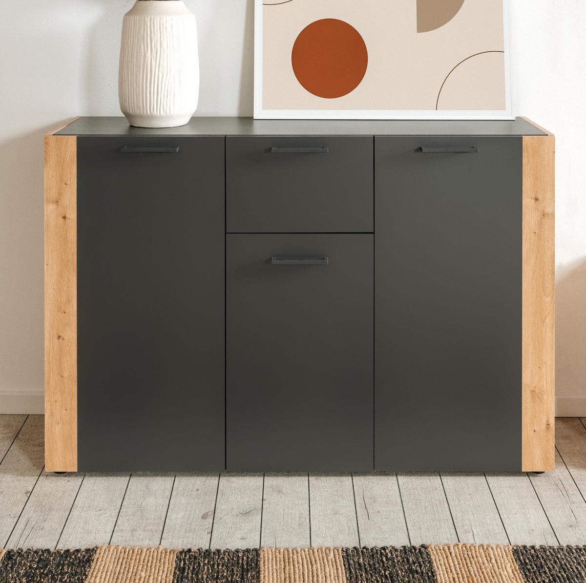 SIDEBOARD grau, Artisan Eiche 126 x 85 cm, Kommode 3-türig - Anthrazit/Schwarz, Holzwerkstoff/Kunststoff (125.5/85/34.5cm) - Furn.Design