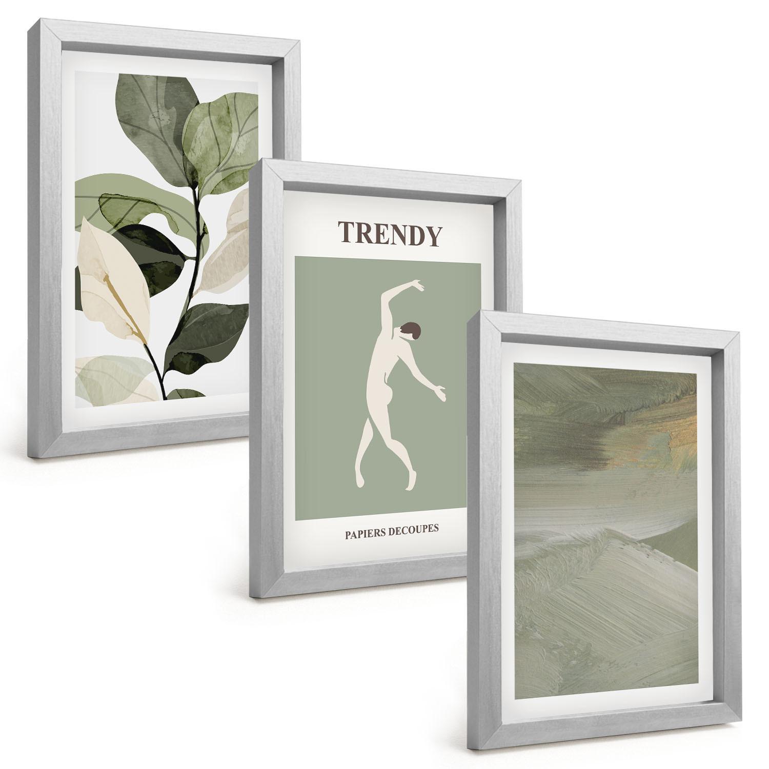 BILDER SET 3er Set - 20x30 cm Silberner Rahmen - Abstrakte Pflanzensilhouettenmuster - Silberfarben, Kunststoff (20/30cm) - TULUP