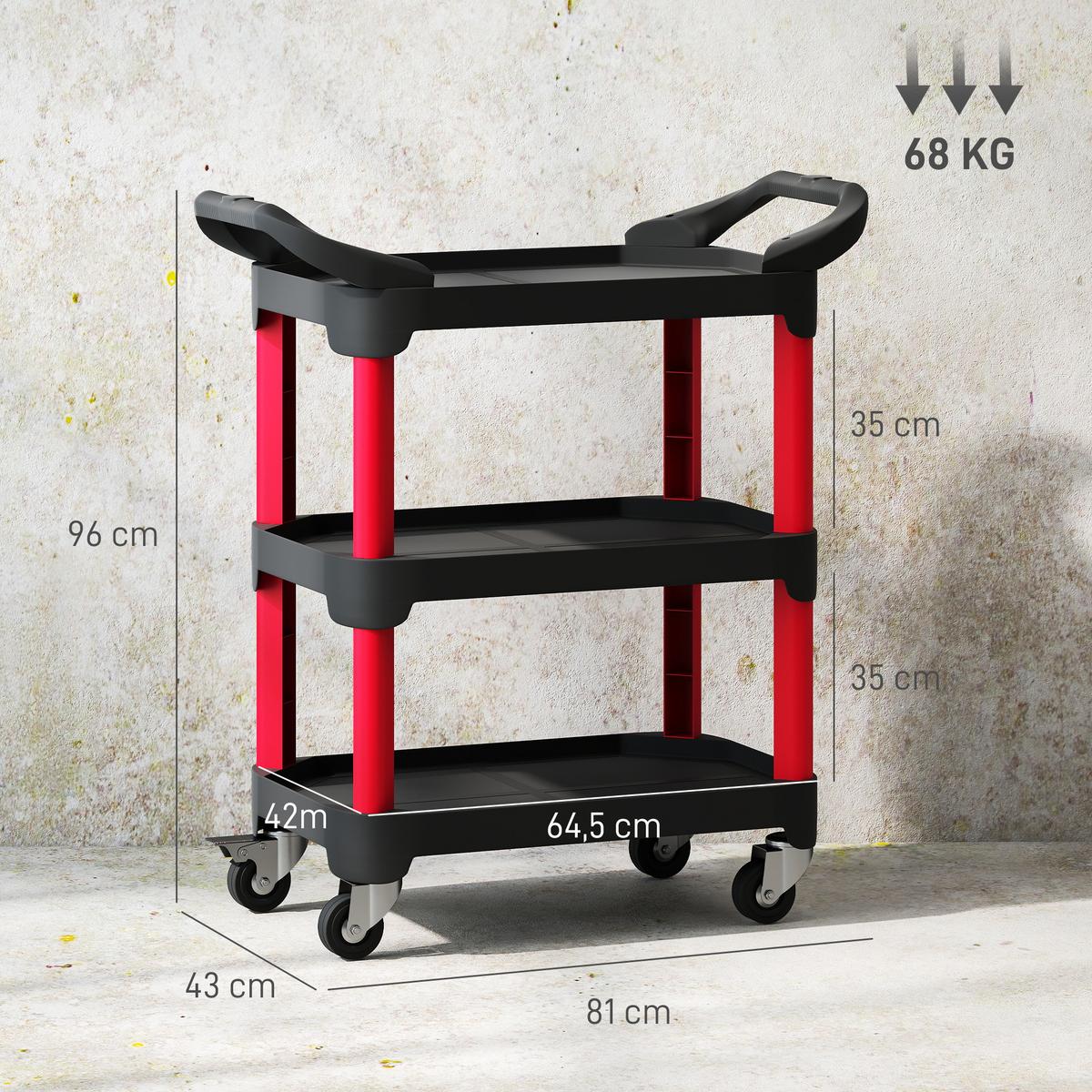 WERKSTATT-ROLLWAGEN mit 3 Ebenen Werkstattwagen mit Griff für Garage Schwarz - Schwarz, Kunststoff (43/96/81cm) - HOMCOM
