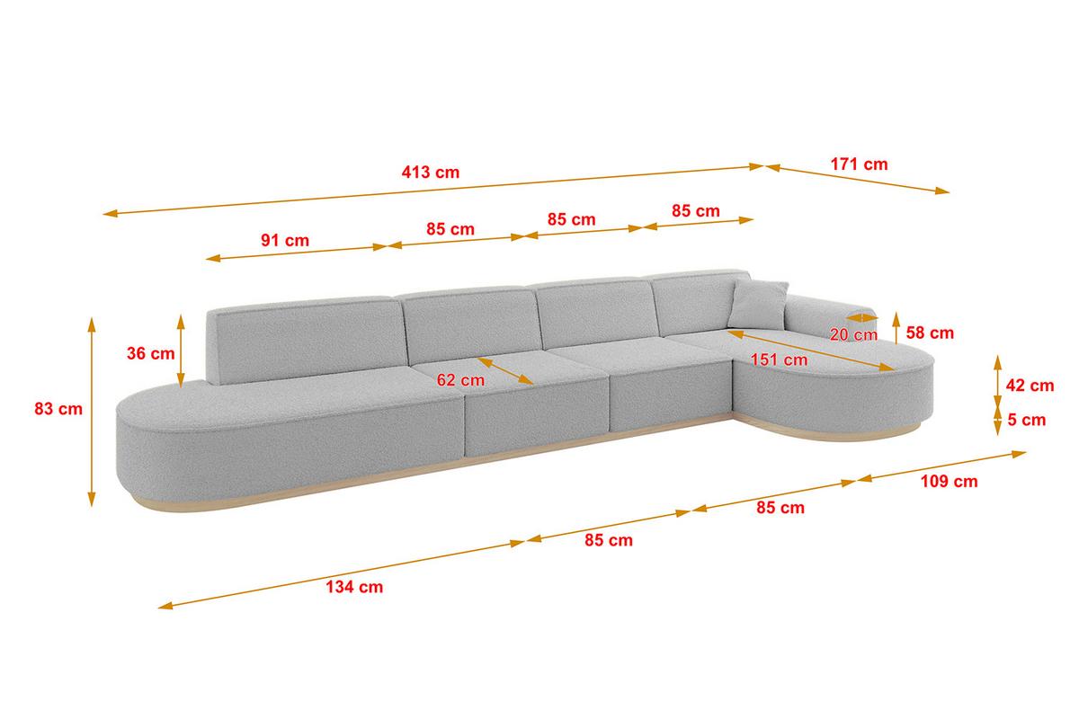 ECKSOFA Ottomane Rechts MARI-L3-v1 - 413x171x83 cm Hellgrau Bouclé - Hellgrau, Holzwerkstoff/Textil (171/413cm) - ALTDECOR