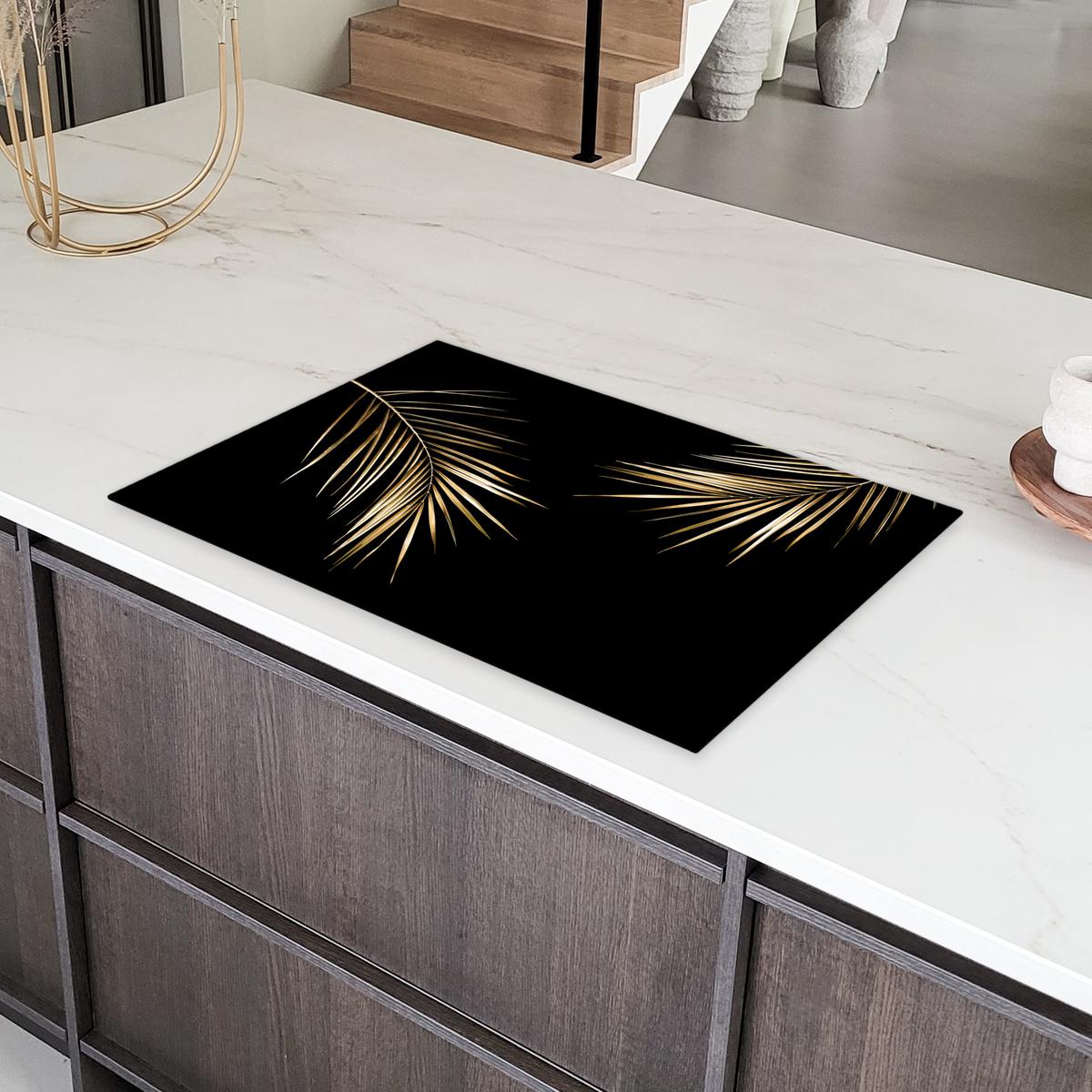 HERDABDECKPLATTE Blätter - Pflanzen - Gold - Schwarz - Luxus Induktionsmatte 81x52 cm - Goldfarben, Kunststoff (81/52/0.2cm) - MuchoWow