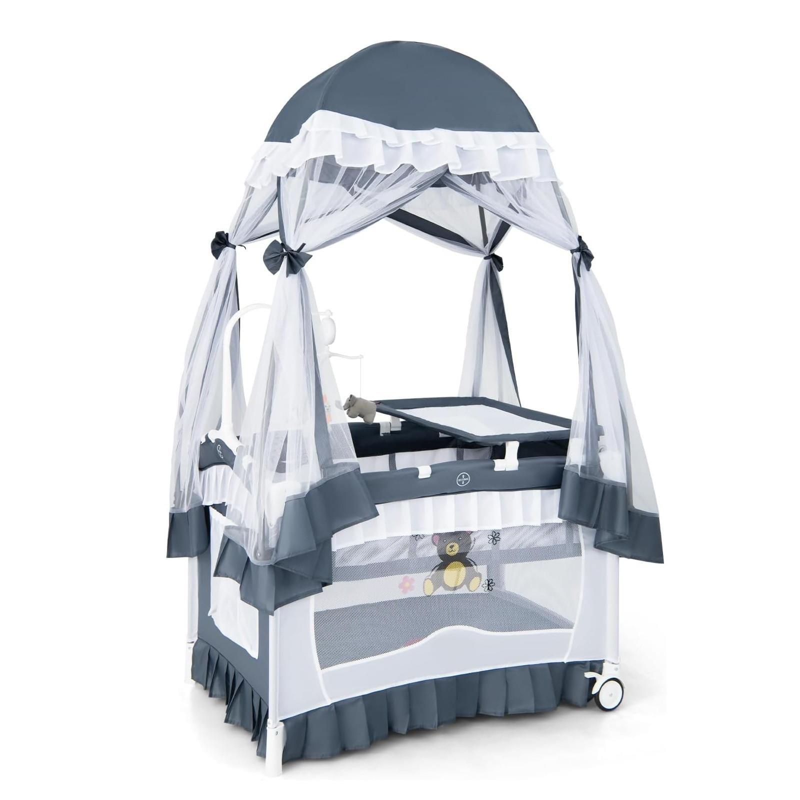 BABYBETT mit abnehmbarem Baldachin grau - Grau, Textil - COSTWAY