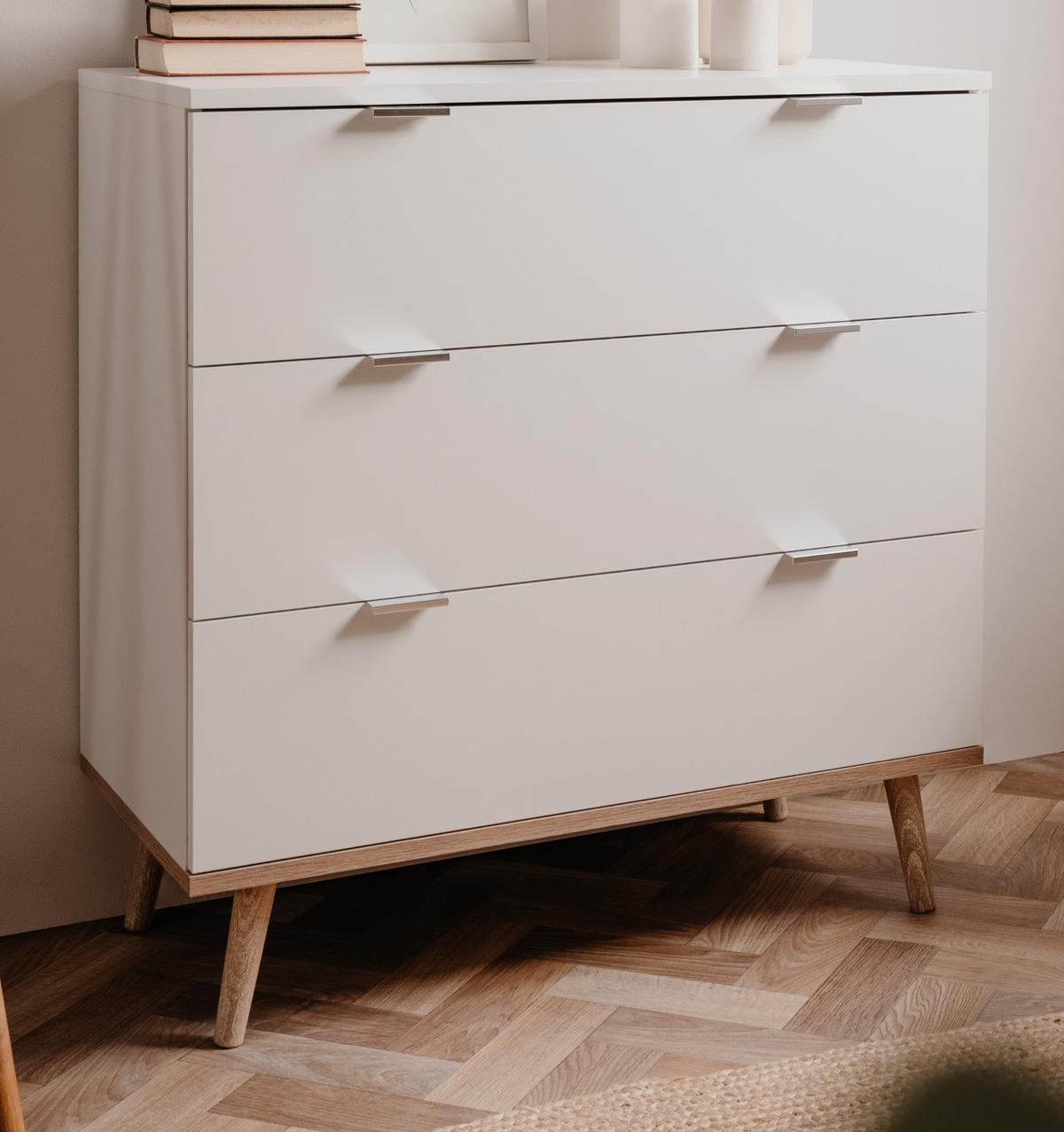 SCHUBKASTENKOMMODE weiß matt, Eiche Sonoma massiv 80 cm, Kommode skandinavisch - Chromfarben/Eichefarben, Holz/Holzwerkstoff (80/86.5/40cm) - Furn.Design