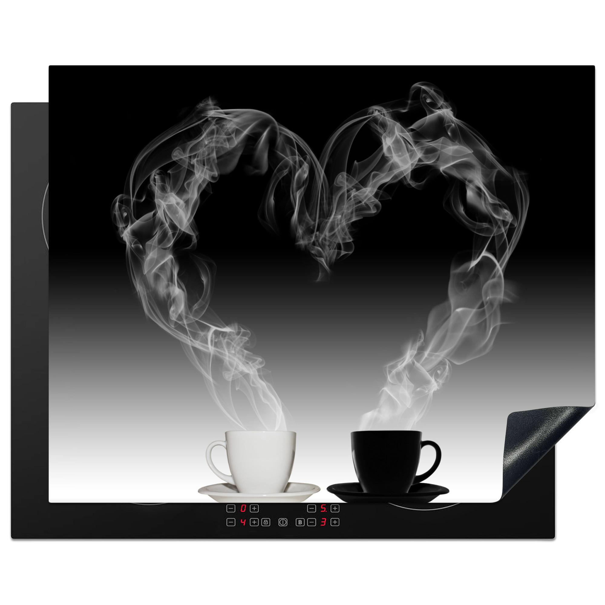 HERDABDECKPLATTE Kaffee - Herz - Schwarz und weiß - Tassen Herdabdeckung Induktionsfeld 65x52 cm - Weiß, Kunststoff (65/52/0.2cm) - MuchoWow