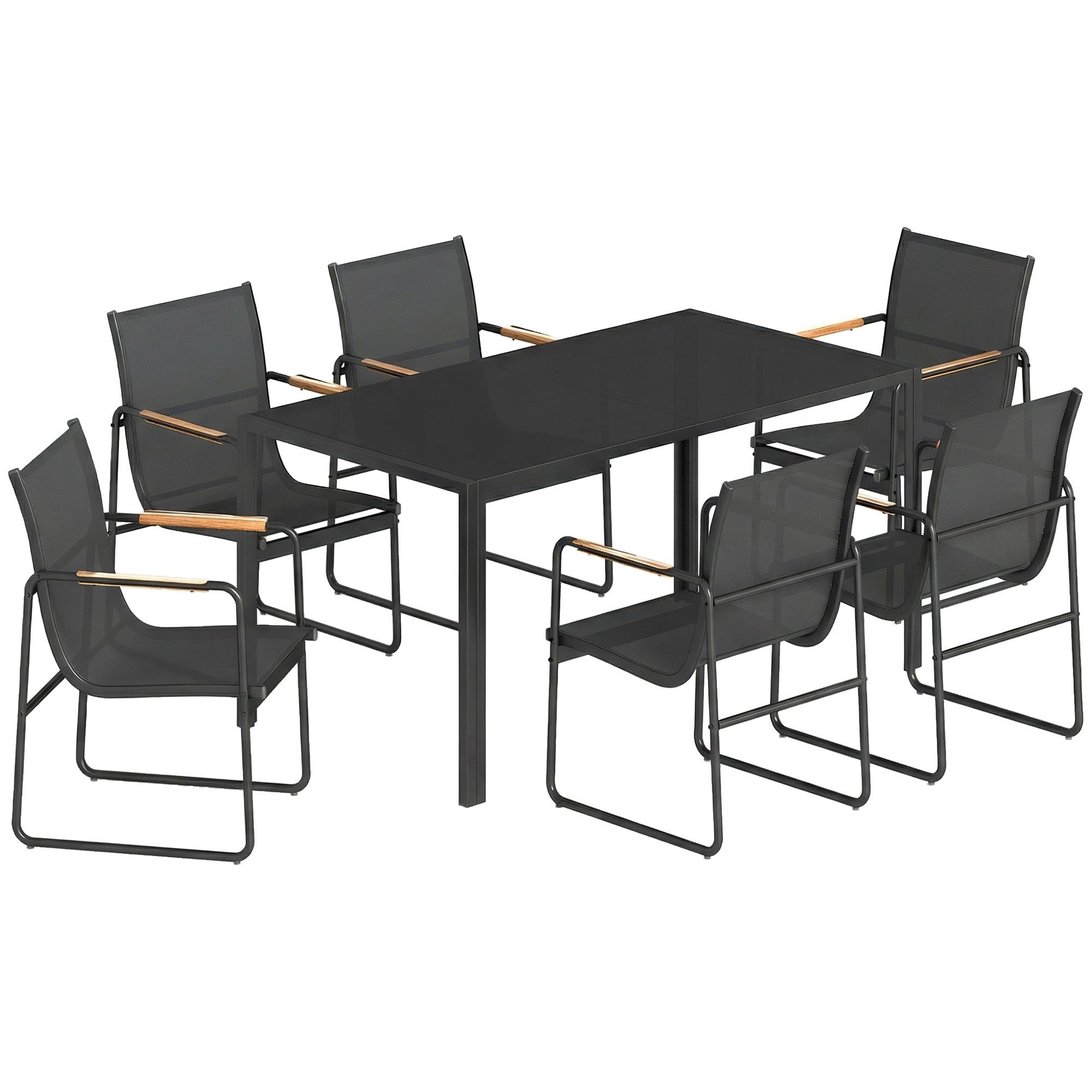 GARTENGARNITUR 7 TLG. Atmungsaktive Stühle Schwarz - Schwarz/Teakfarben, Metall - Outsunny
