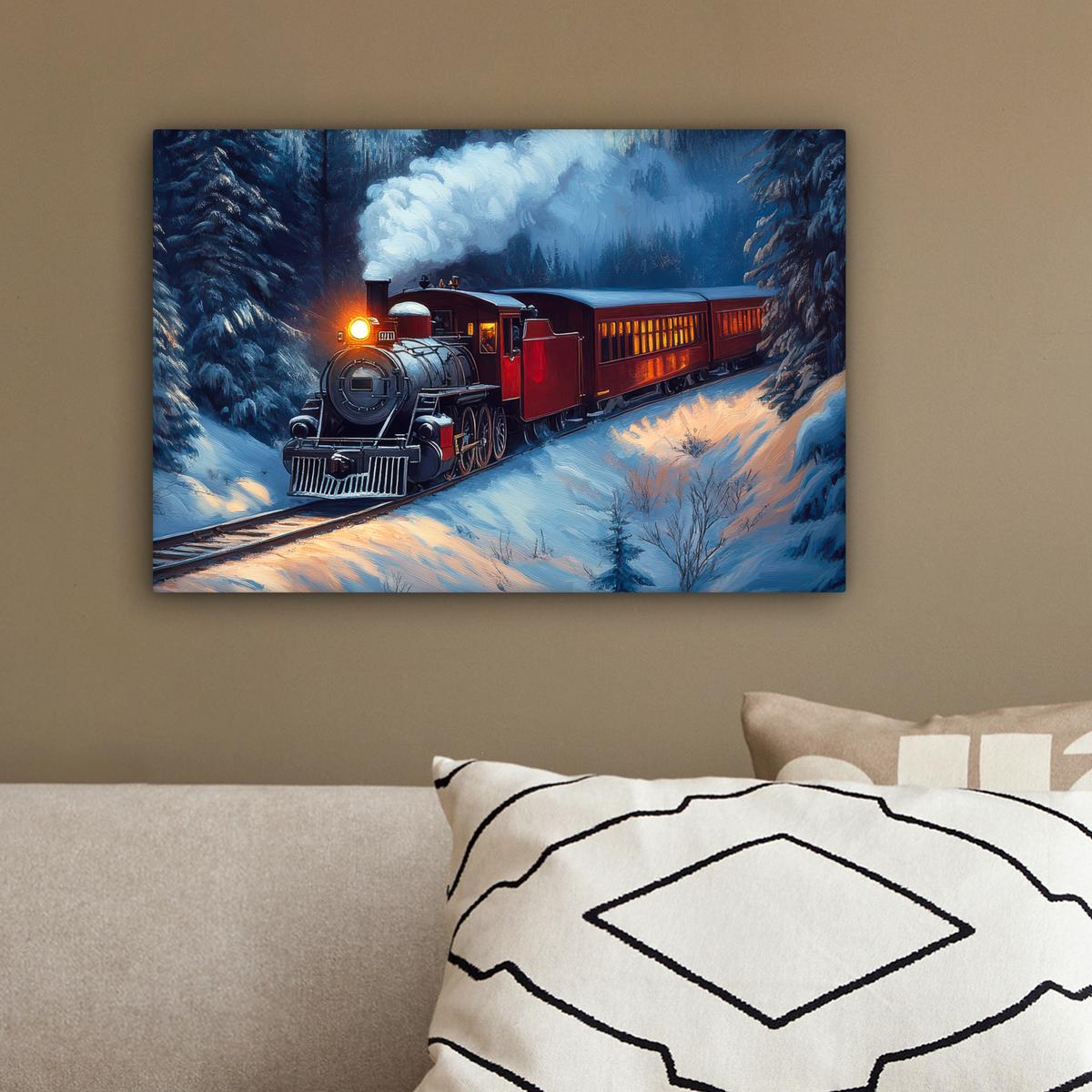 LEINWANDBILD Zug - Weihnachten - Schnee - Weihnachtszug Deko Schlafzimmer 30x20 cm - Anthrazit, Textil (30/20cm) - MuchoWow