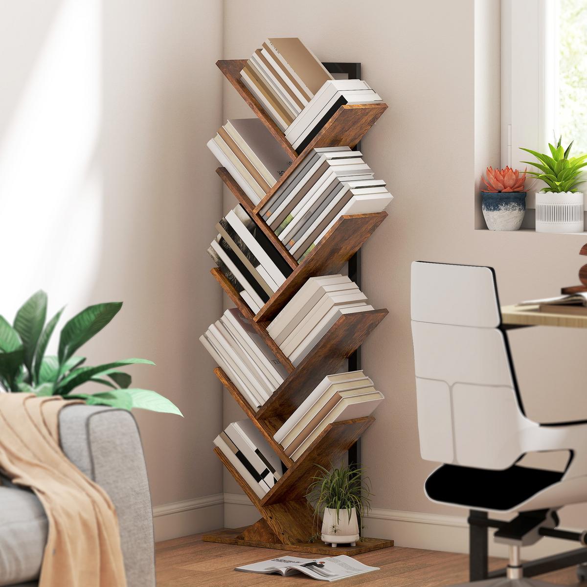 BÜCHERREGAL Standregal mit 9 Ebenen Schmal Regal im Baumform Rustikal Braun - Schwarz/Braun, Holzwerkstoff/Metall (24/136/50cm) - HOMCOM