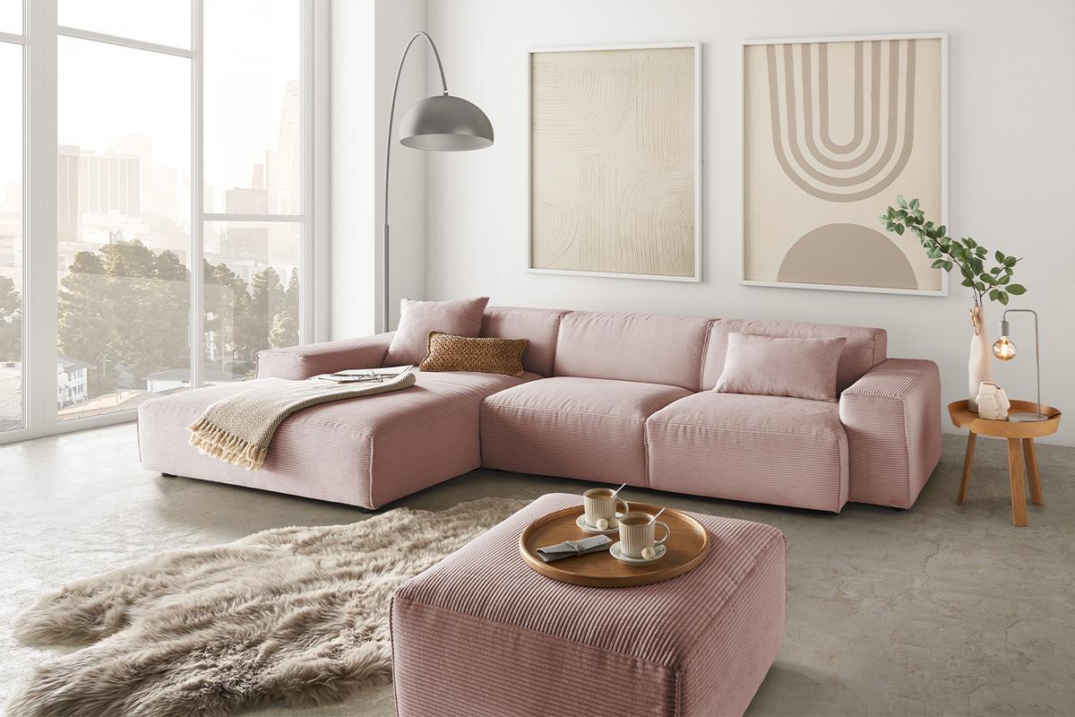 ECKSOFA RANI Pink Cord - Schwarz/Rosa, Kunststoff/Textil (299/189cm) - KAWOLA