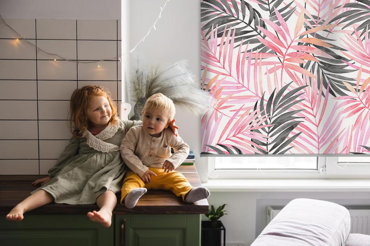 INNENROLLO - Fensterrollo - Rollo - 80x180 cm - Rosa und schwarze Blätter - Pink, Kunststoff (80/180/0.5cm) - TULUP