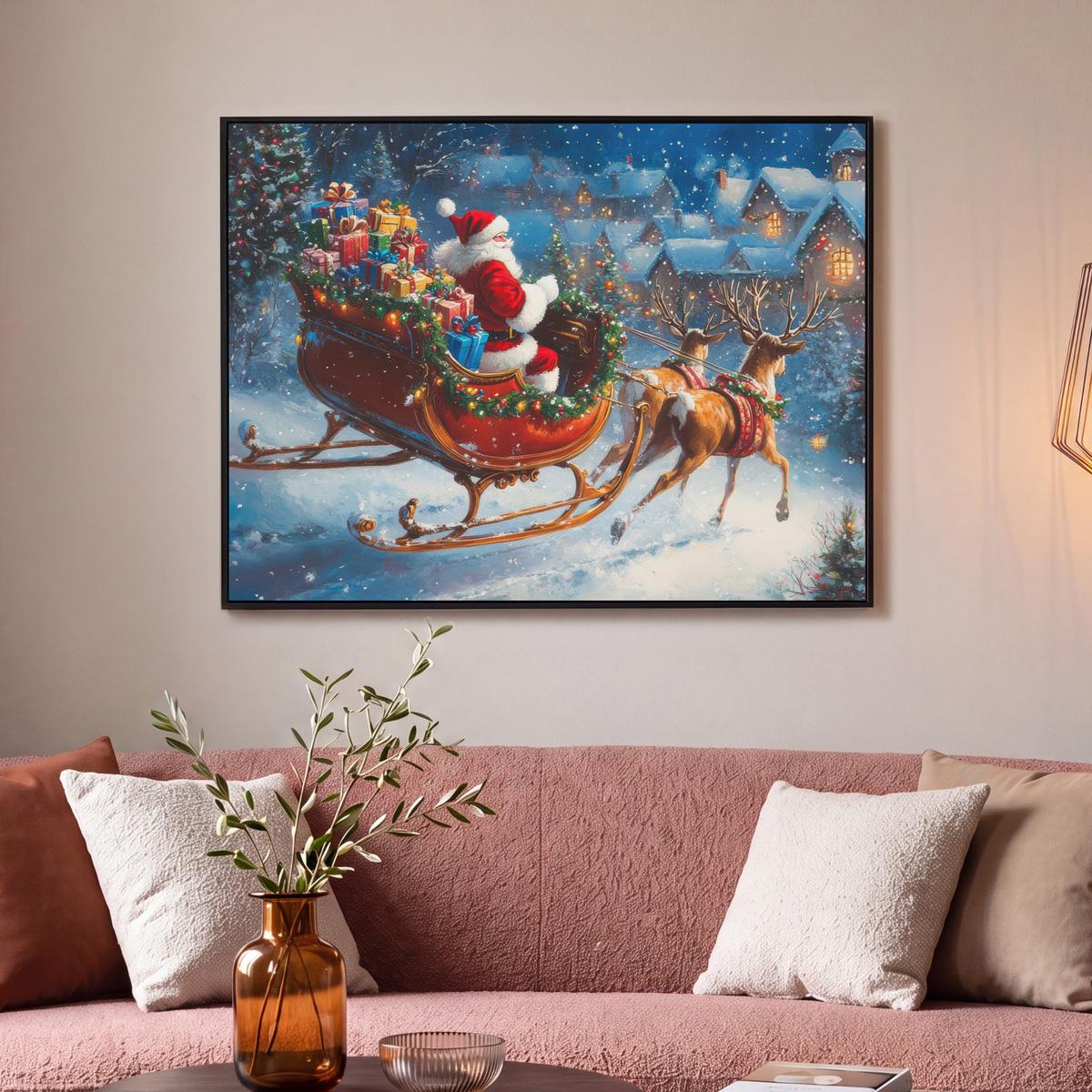 LEINWAND Bilder mit Rahmen - Weihnachtsmann - Rentier - Weihnachten - Schnee - 100x70 - Cognac, Textil (100/70cm) - MuchoWow