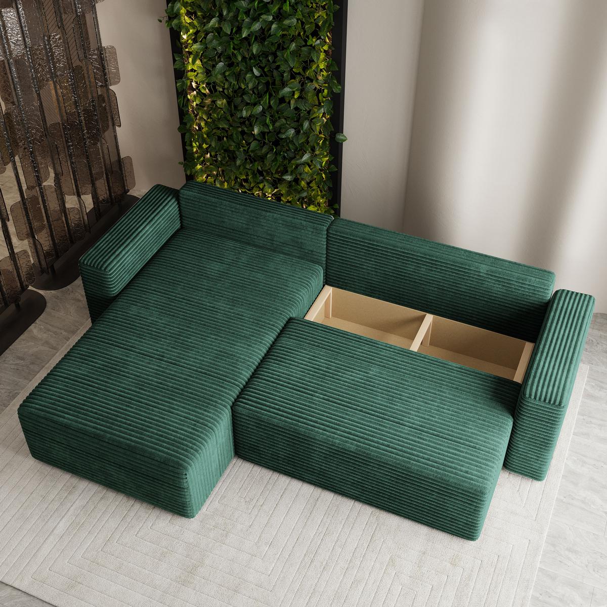 ECKSOFA CALTI T Grün Kordstoff mit Schlaffunktion - Grün, Holzwerkstoff/Textil (283/183cm) - MASSENO