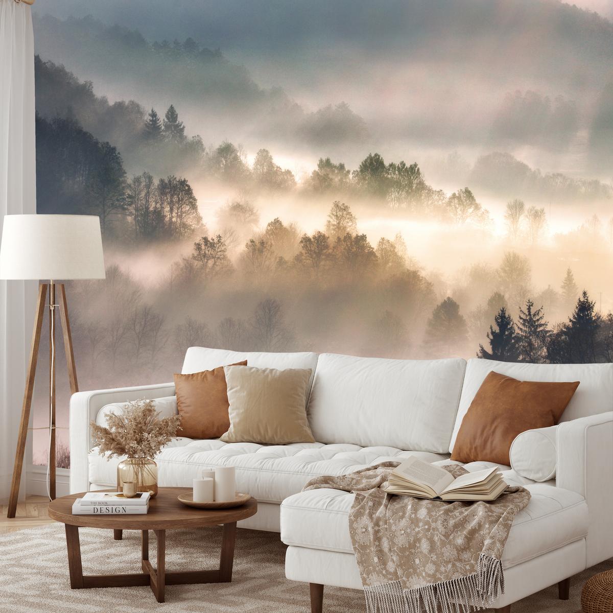 FOTOTAPETE für Wohnzimmer Natur Nebeliger Wald Sonnenaufgang Gebirge 100x70 - Gelb/Creme, Papier (100/70cm) - Muralo