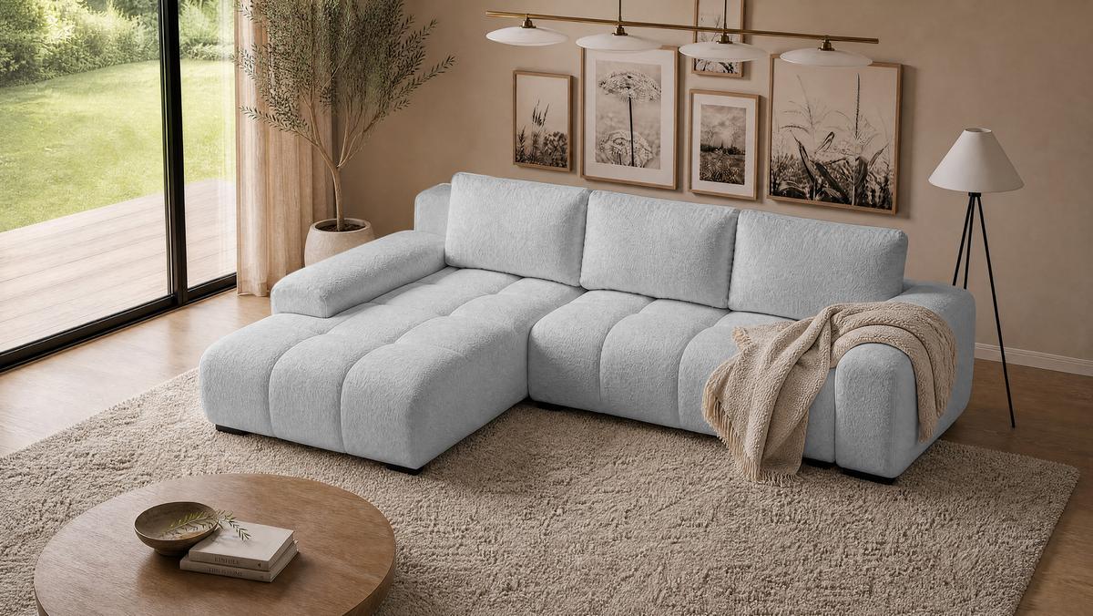 ECKSOFA Ovia mit Bettkasten und Schlaffunktion, Bouclé-Stoff in L-Form - Hellgrau, Textil (270/185cm)