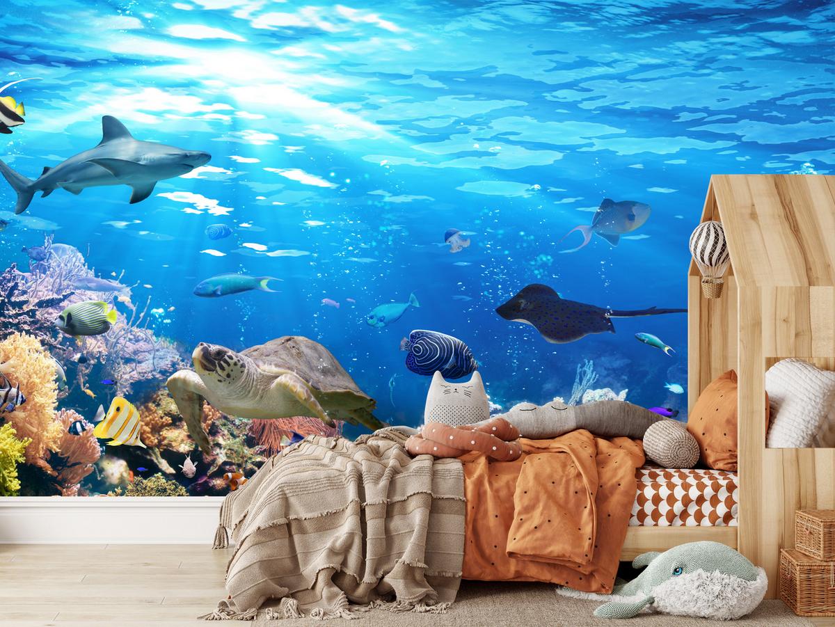 FOTOTAPETE für Badezimmer Korallenriff Schildkröte Hai Fisch 400x280 - Blau/Gelb, Papier (400/280cm) - Muralo