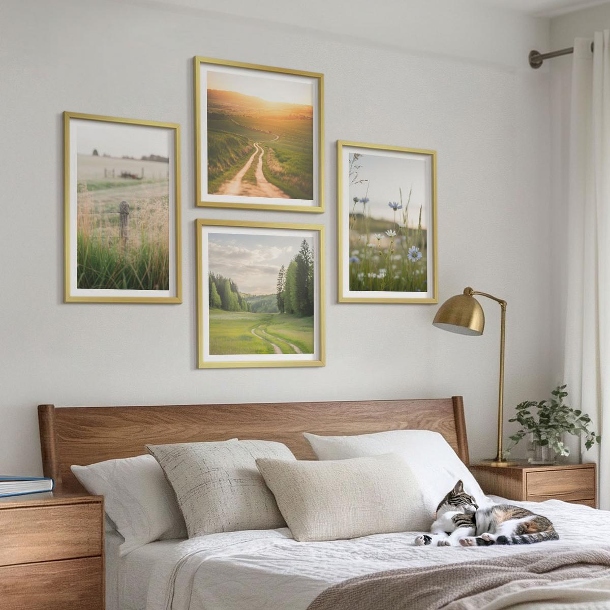 BILDER SET 4er Set - 50x50 cm & 40x60 cm Goldrahmen - Landschaften Natur Felder Sonne - Goldfarben, Kunststoff (50/50cm) - TULUP