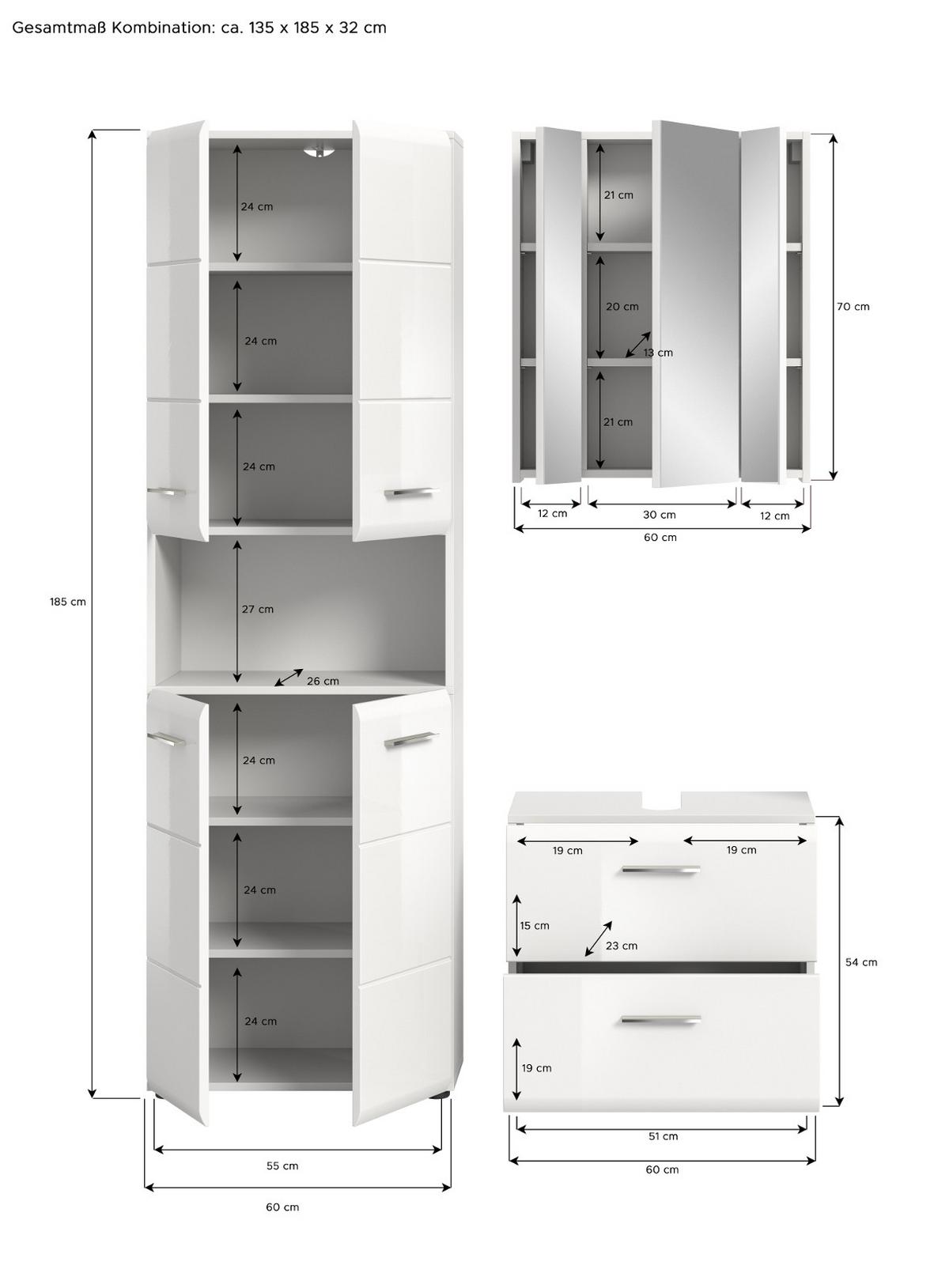BADMÖBEL-SET 3-teilig weiß Hochglanz, Badkombination mit großem Badschrank - Weiß Hochglanz/Silberfarben, Glas/Holzwerkstoff (135/185/30cm) - Inn.Furn