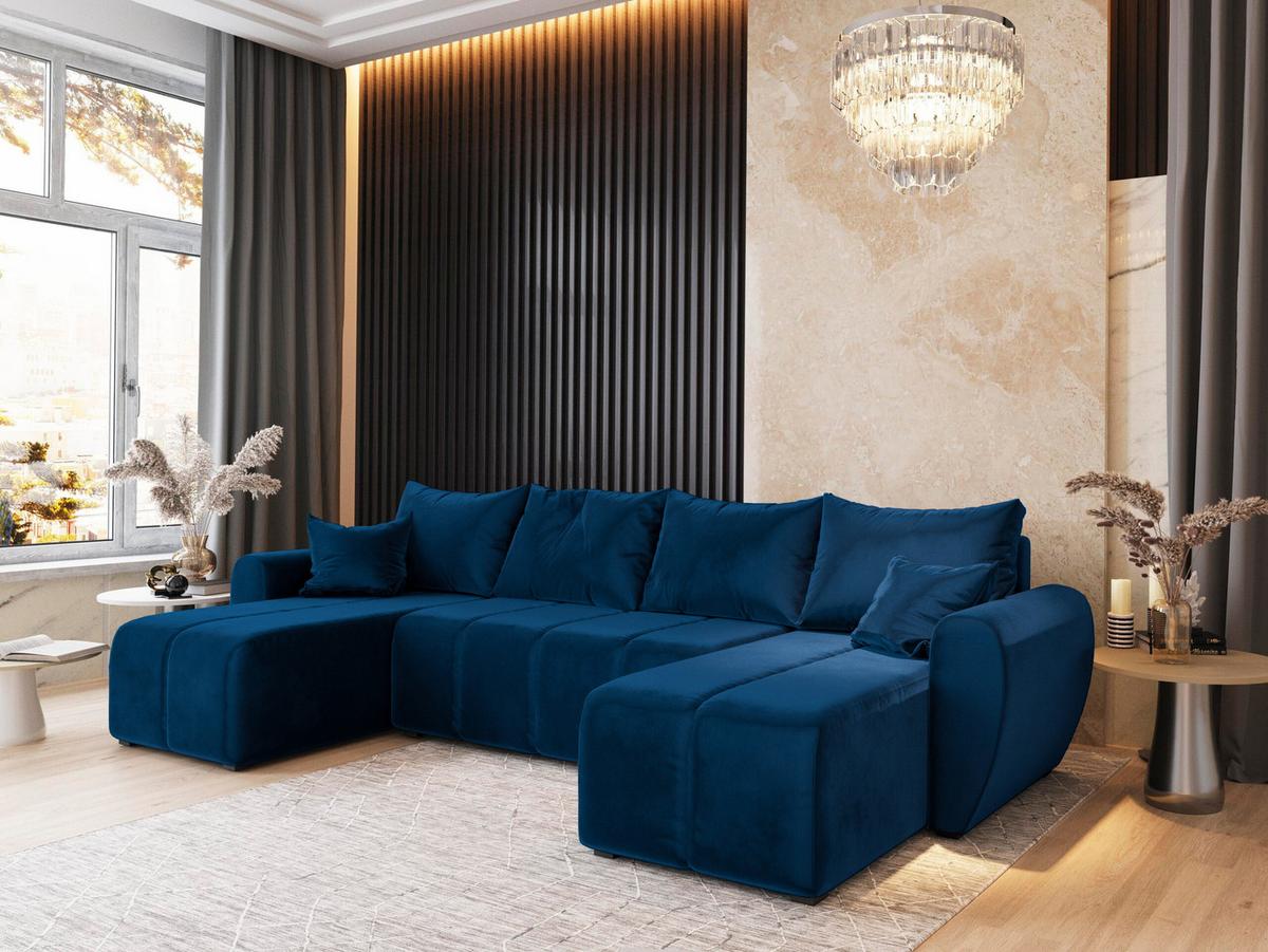 WOHNLANDSCHAFT MADISON U Blau Plüsch-Stoff mit Schlaffunktion - Blau/Schwarz, Holz/Kunststoff (311/82/145cm) - MASSENO