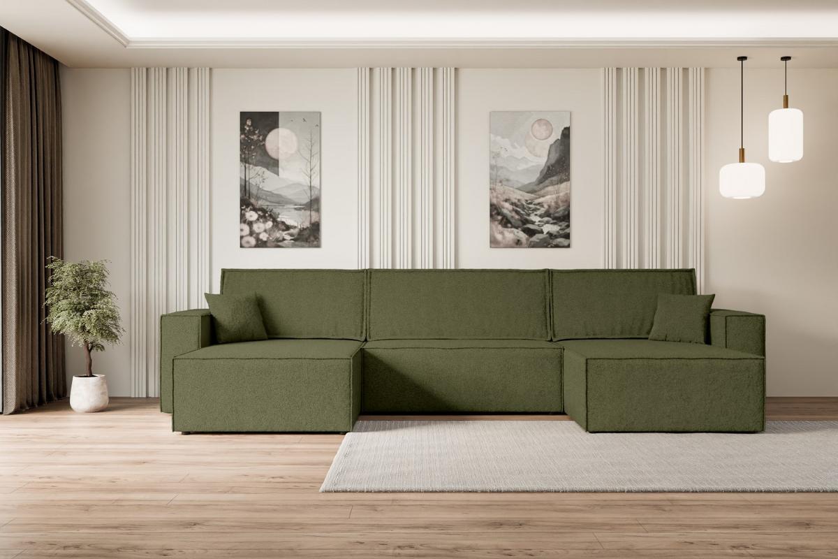 WOHNLANDSCHAFT mit Schlaffunktion und Bettkasten CELTIC-XLU - 377x143x83 cm Grün Bouclé - Schwarz/Grün, Holzwerkstoff/Kunststoff (377/83/143cm) - ALTDECOR