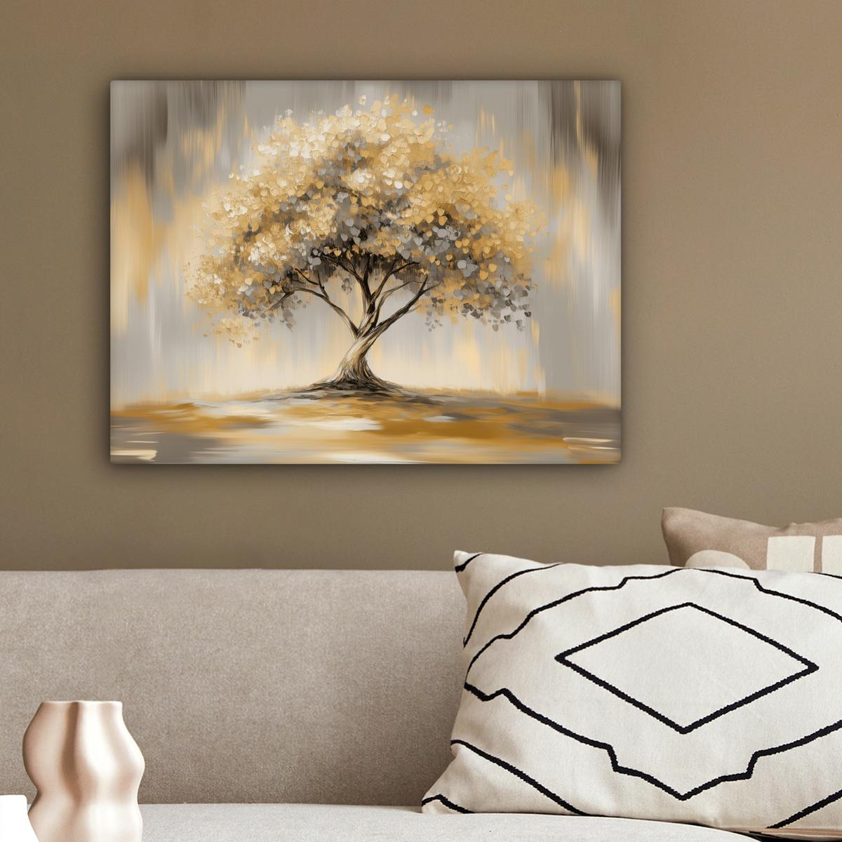 LEINWANDBILD Gemälde - Baum - Abstrakt - Blätter Wandbild 40x30 cm - Beige, Textil (40/30cm) - MuchoWow