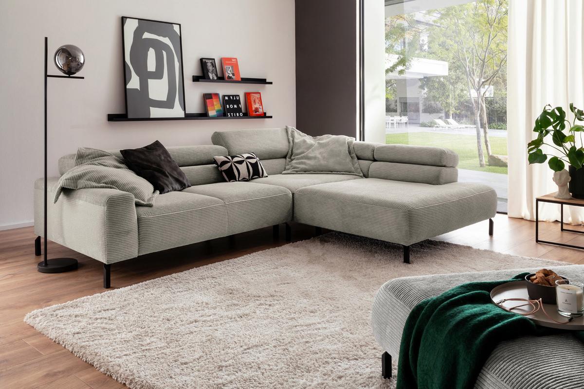 ECKSOFA DELIA Steingrau Cord - Greige/Schwarz, Textil/Metall (312/219cm) - KAWOLA