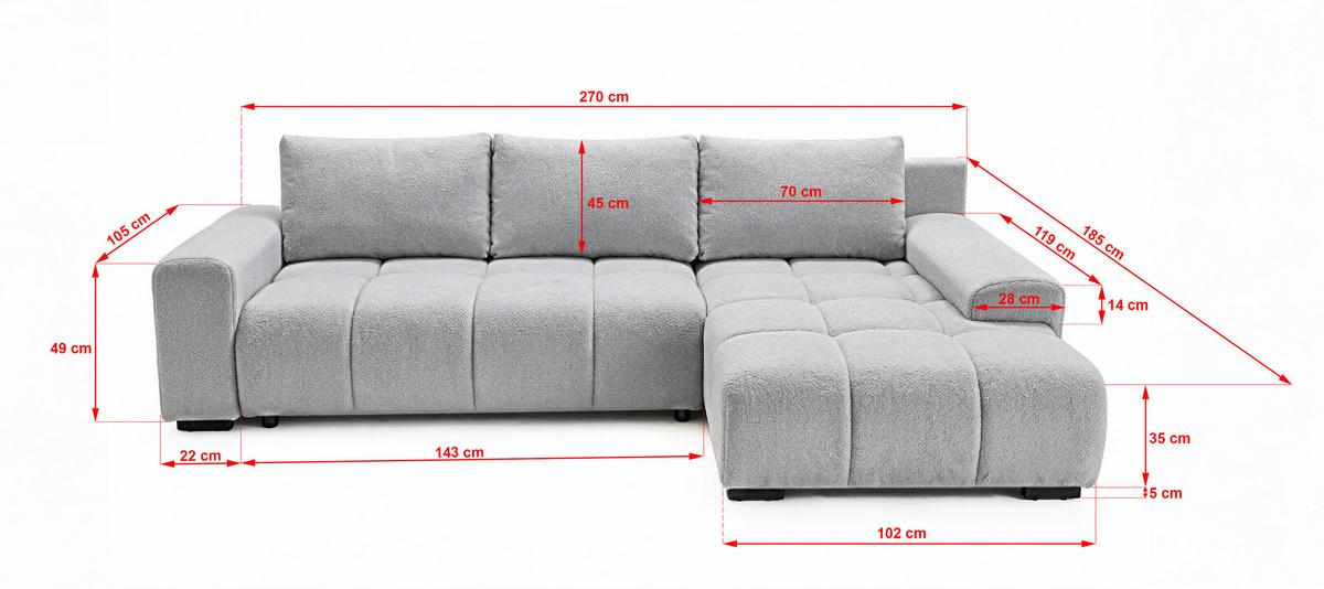 ECKSOFA Ovia mit Bettkasten und Schlaffunktion, Bouclé-Stoff in L-Form - Hellgrau, Textil (270/185cm)