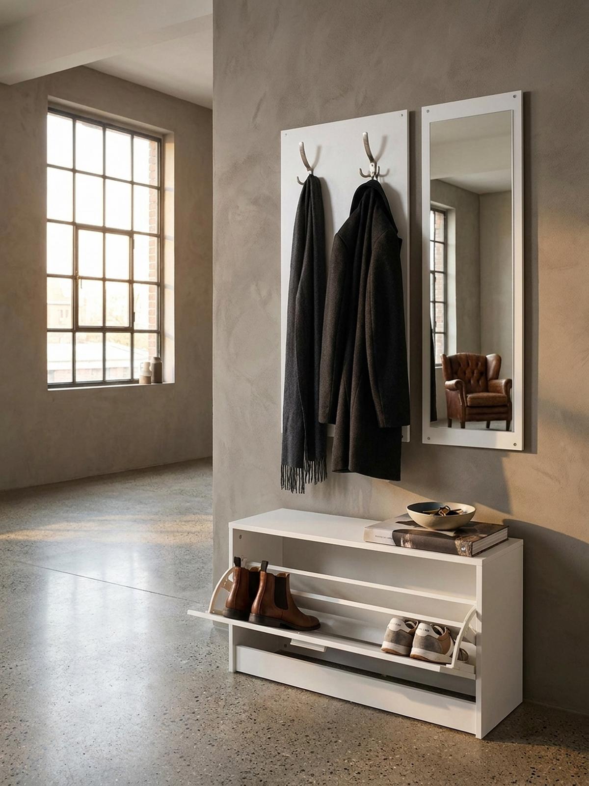 WANDGARDEROBE mit Spiegel, 10 Haken und Platz für 8 Paar Schuhe DELFT, Weiß 80x27x180 cm - Weiß, Holz (80/180/27cm) - KADIMA DESIGN