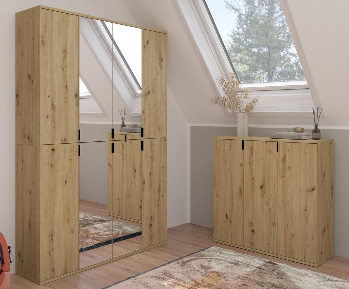 GARDEROBENSCHRANK Eiche Artisan 121 cm, Flurschrank mit Spiegel - Chromfarben/Schwarz, Glas/Holzwerkstoff (121/193/34cm) - Inn.Furn