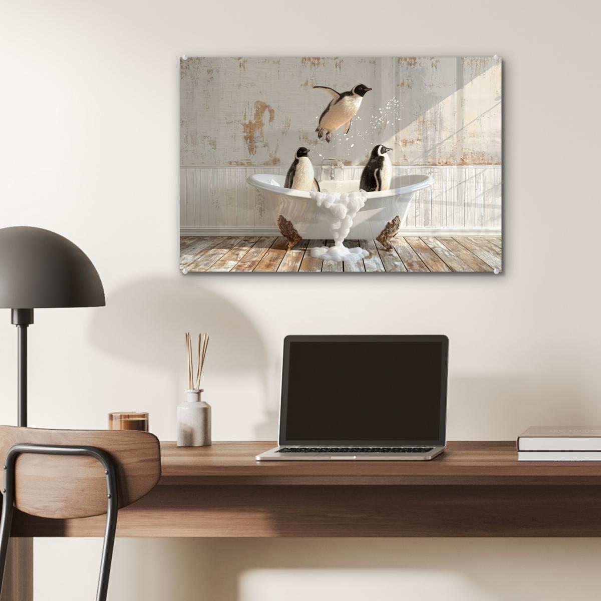 ACRYLGLASBILD Vintage - Pinguin - Badewanne - Schaumstoff Wanddeko 60x40 cm - Schwarz, Glas (60/40cm) - MuchoWow